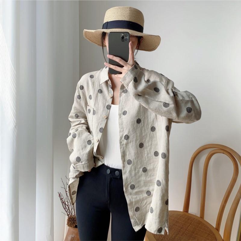 Johnature Summer Vintage Wave Point Women Tops Shirts Casual All Match Turn-down Collar Sun Protection Blouses