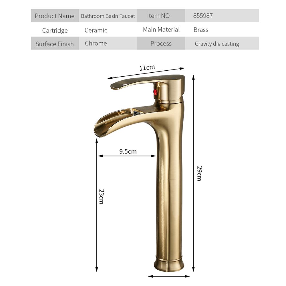 Brsued Gold Tall Size Single Hole Single Handle Bathroom Faucet Hot and Cold Waterfall Deck Mounted Lavatory Basin Faucet