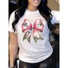 Damen Oster Grün T-Shirt Rosa Schleife Kreuz Blumendruck Rundhalsausschnitt Kurze Ärmel Frühling Sommer Herbst Freizeit Oberteil