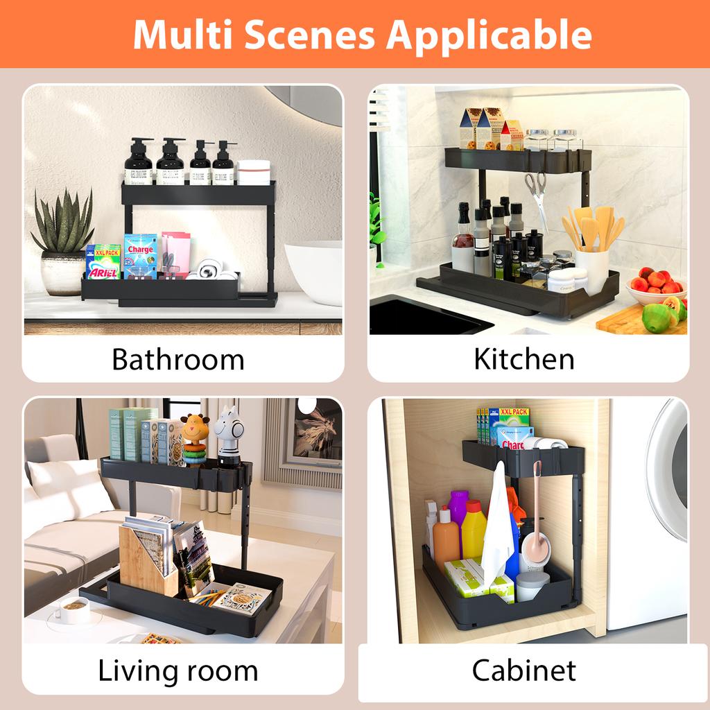 Adjustable Height Under Sink Organizers and Storage, Pull Out Cabinet Organizer 2 Tier Slide Out Shelf Under Cabinet Storage, Under Sink Organize