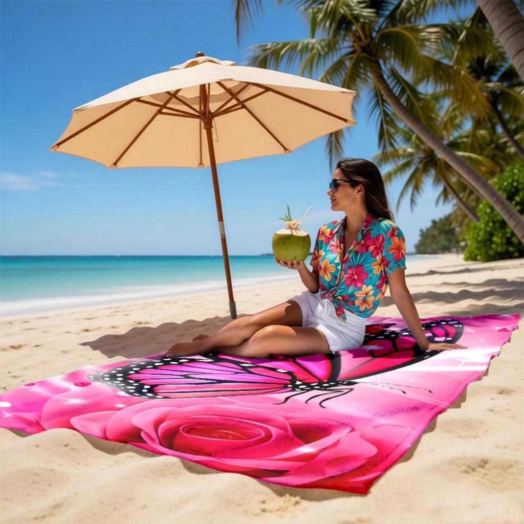 Butterfly Rose Beach Towel Pink Floral Animal Print Romantic Design Quick Dry Absorbent Bath Towel For Women Girls Gift