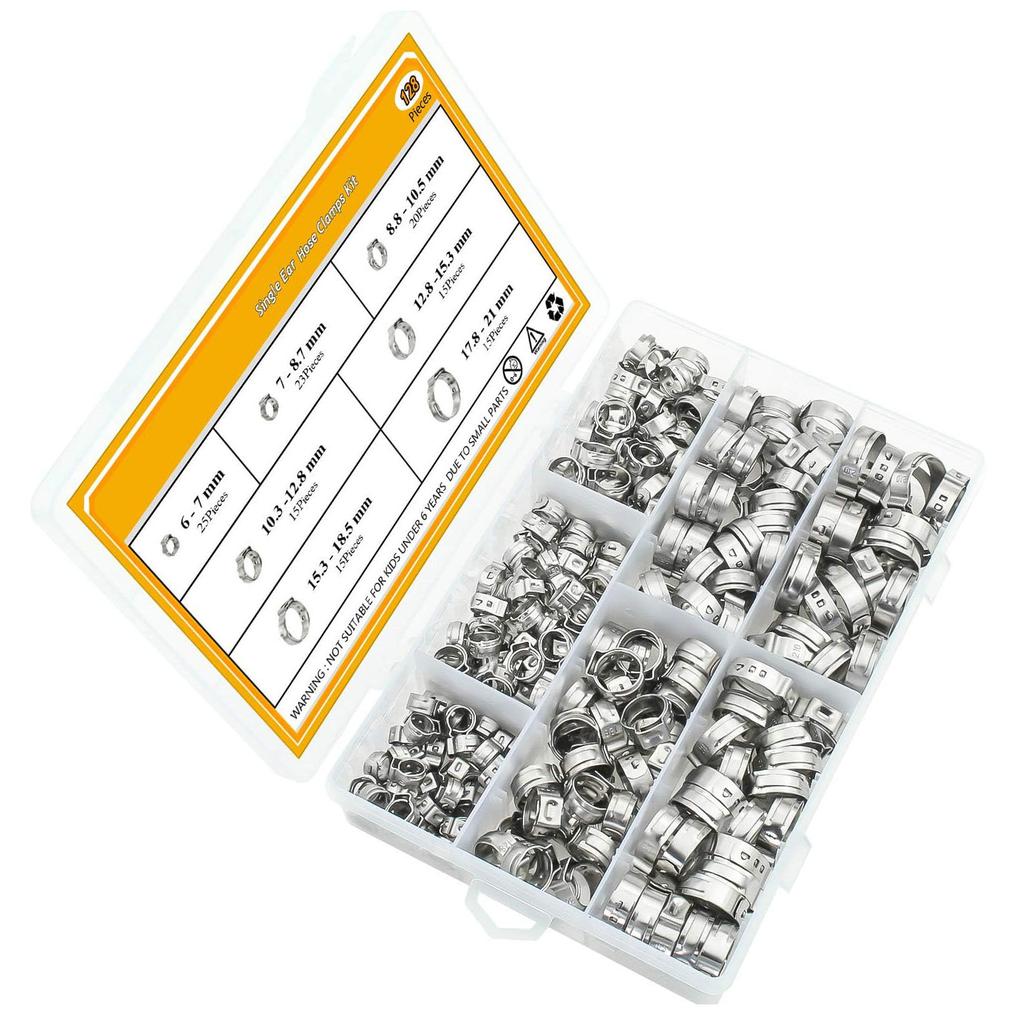 128 Stück einohrig stufenloses Klemmsatz Schlauchklemme Klemme 304 Edelstahl einohrig Rohrklemme PEX-Rohrklemme