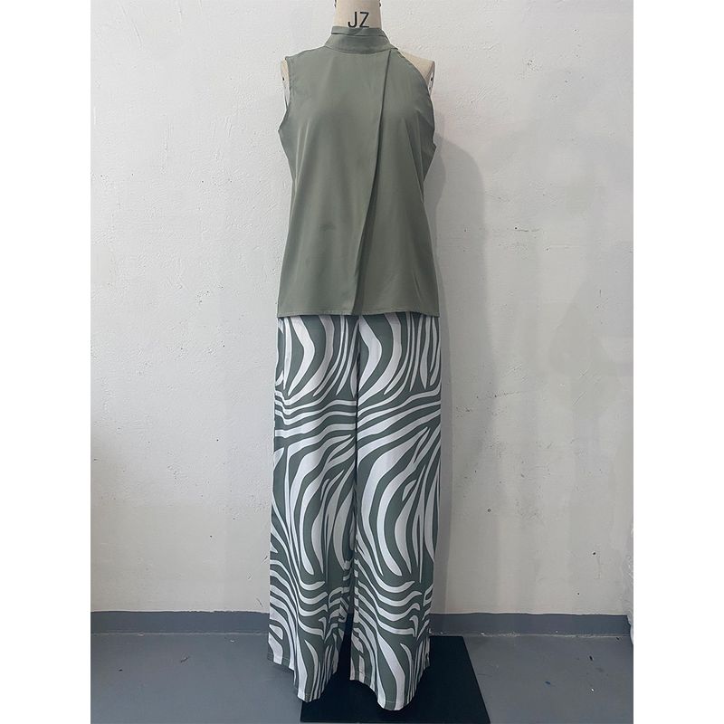 

European and American Summer New Sleeve Hanging Neck Top Pattern Wide Leg Pants Fashion Two-piece Set Sleeveless Women clothes Olive green XXL
