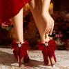 Fashion Red Xiuhe Wedding Shoes New Pointy Stiletto High Heels Female Shallow Mouth Bow Pearl One Word Buckle Strap Two Wear Bride Shoes