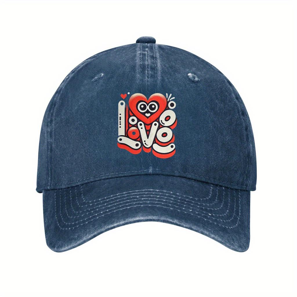 Funny Cartoon Love Heart Graphic Adjustable Baseball Cap Denim Washed Dad Hat Casual Unisex