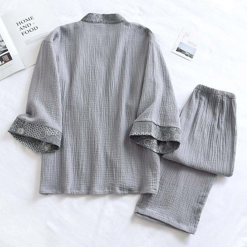 Pure Cotton Mens Pajamas Set Japanese Kimono Plus Size Long Sleeve Pant Suit Casual Comfortable Home Service Two-piece Sleepwear