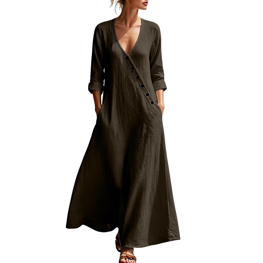 Women’s Elegant Long Sleeve V Neck Maxi Dress Bohemian Style Vacation Wear with Button Loose Fit