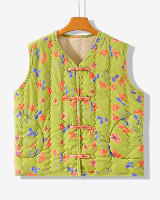 Women's Plus Size Floral Fleece-Lined Cotton Vest - Sleeveless, Thick, Warm Jacket for Middle-Aged and Elderly