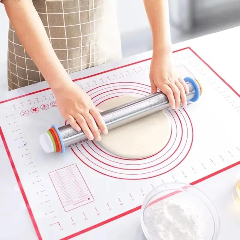 Rolling Pin and Silicone Baking Pastry Mat,Stainless Steel Dough Roller,Rolling Pins with Adjustable Thickness Rings, for Baking