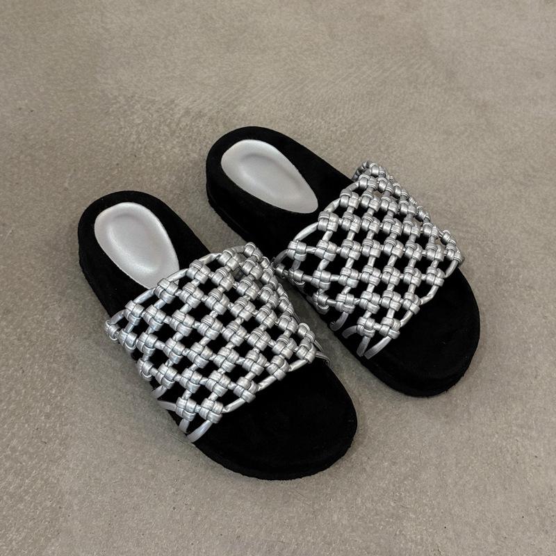 Sheepskin version~ Hand-woven fishing net hollow thick-soled beach shoes women's leather versatile casual round toe sandals