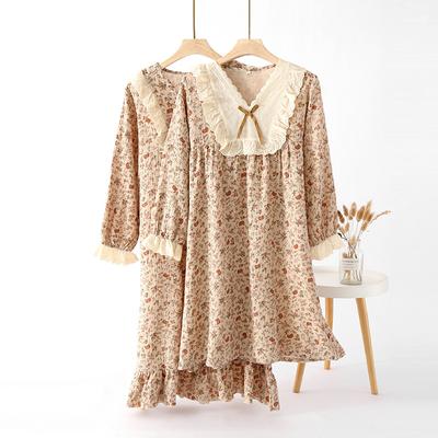 Spring and Summer  New Women's Nightdress 100% Cotton Crepe Long-sleeved Skirt Soft and Comfortable Flower Home Skirt