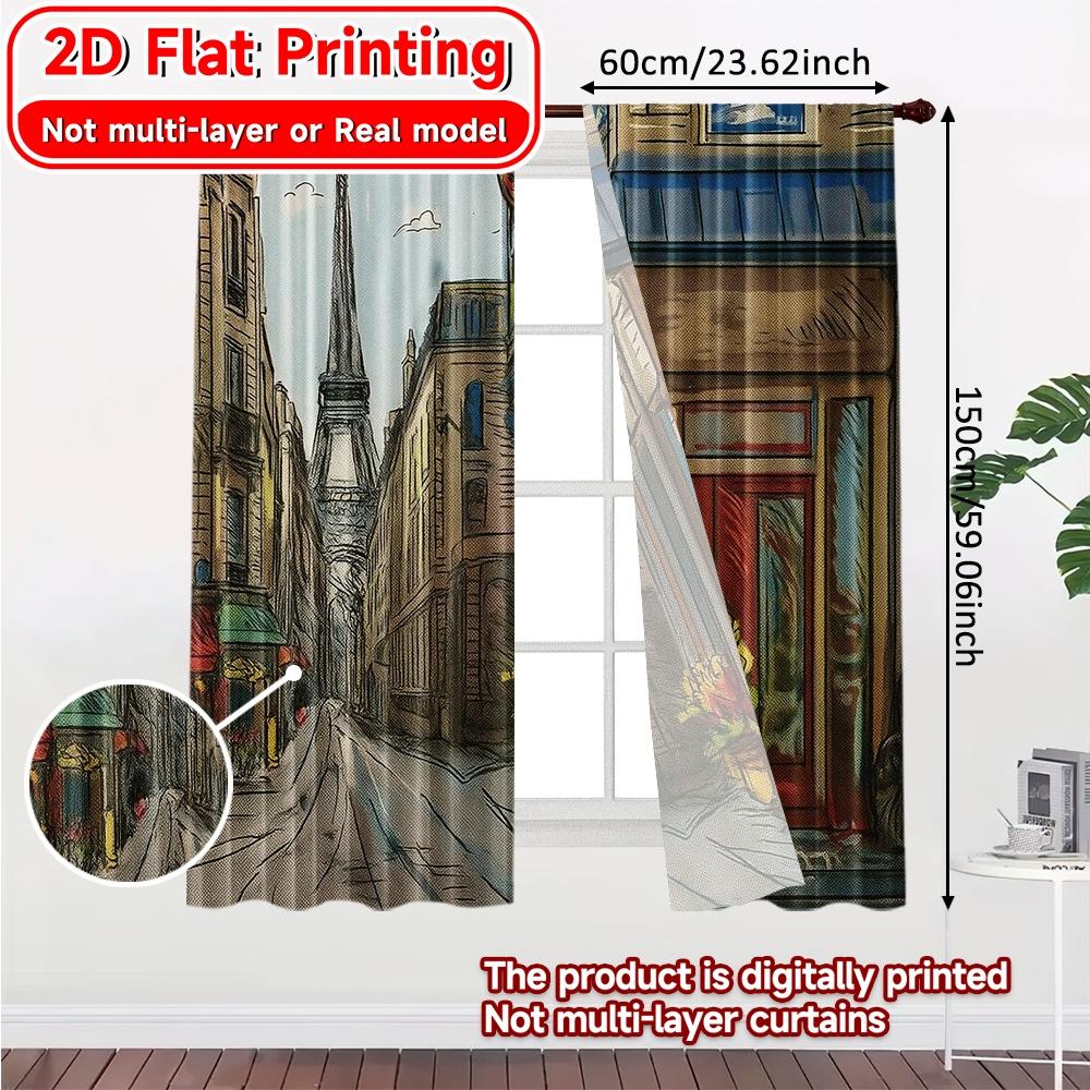 2Pcs, 2D Flat Printing Curtains (Without Rod) Parisian Street Festive Fashion Curtains Versatile Polyester Fabric Curtains All