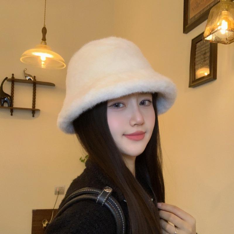 Women S Plush Bucket Hat Korean Style Solid Color Autumn Winter Warm
