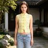 Women Tops Stand Collar Sleeveless Knot Button Short Tops Embroidery Lace Perspective Blouse Streetwear