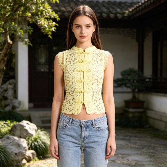 Women Tops Stand Collar Sleeveless Knot Button Short Tops Embroidery Lace Perspective Blouse Streetwear
