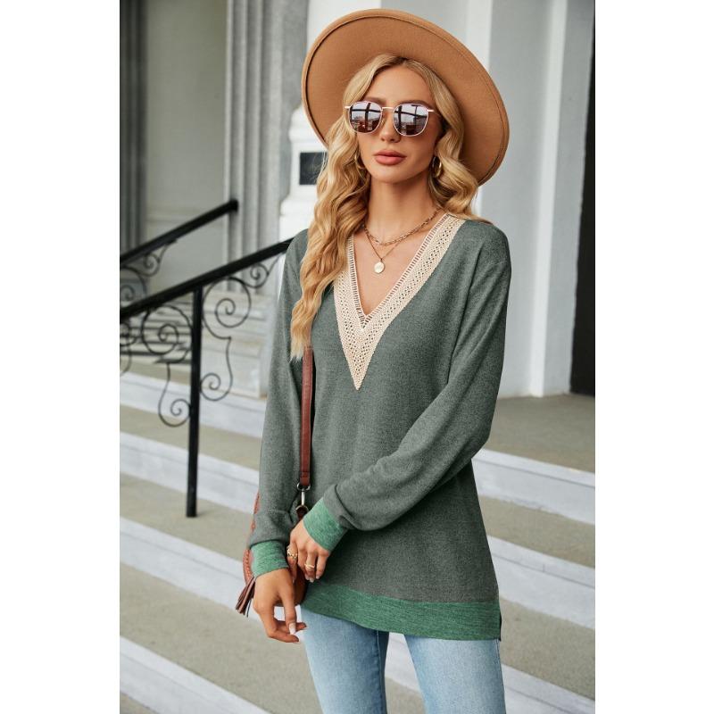 Autumn and Winter Lace V-neck Contrasting Contrasting Slit Loose Long-sleeved T-shirt Tops for Women
