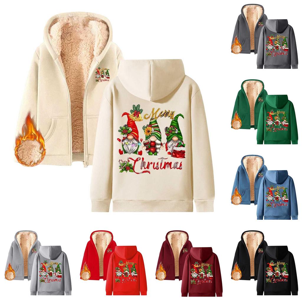 Women's Hooded Plush And Thick Warm Printed Loose Cardigan Jacket