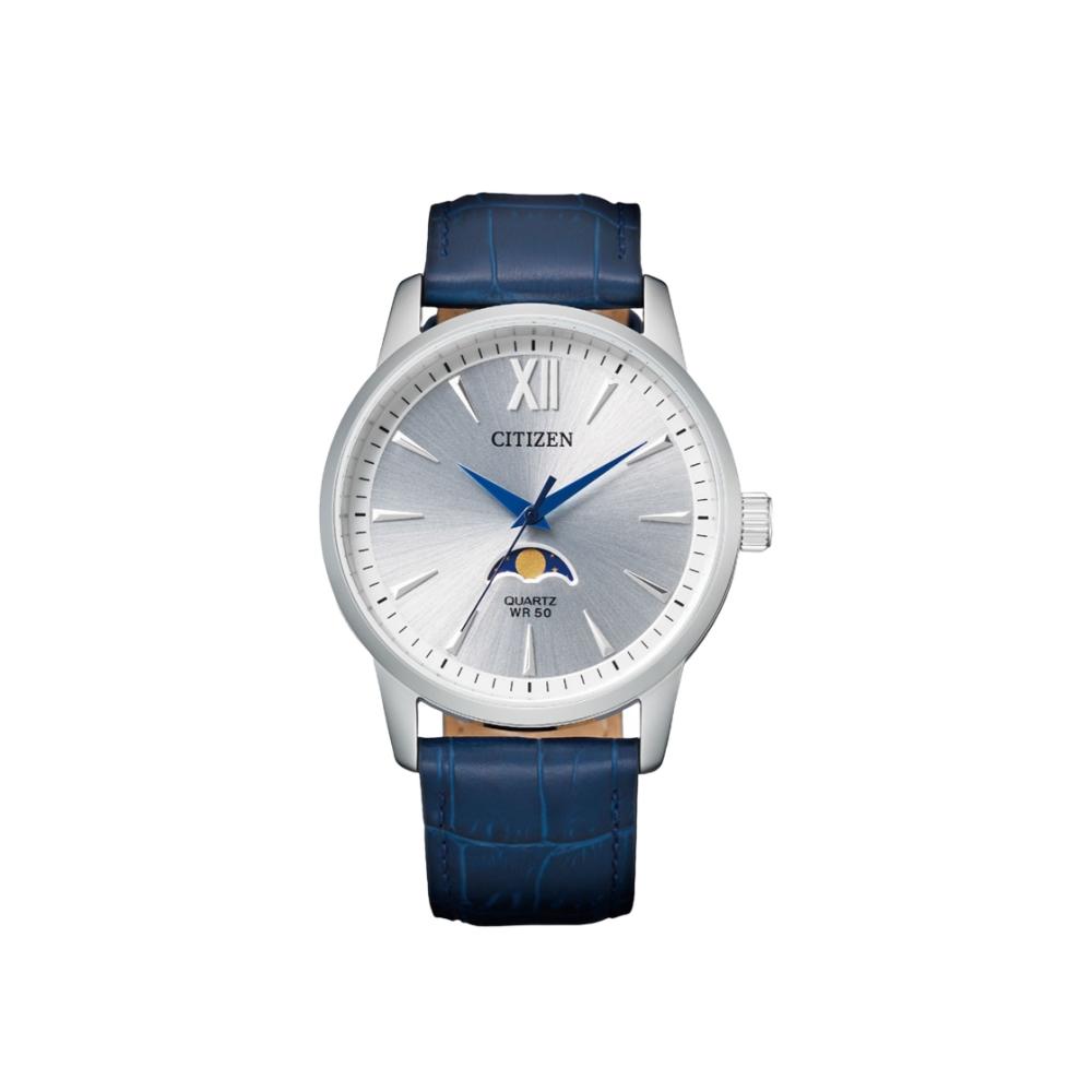 

Платье Citizen Moonphase, кварц, 42 мм, телячья кожа, серебристо-синий