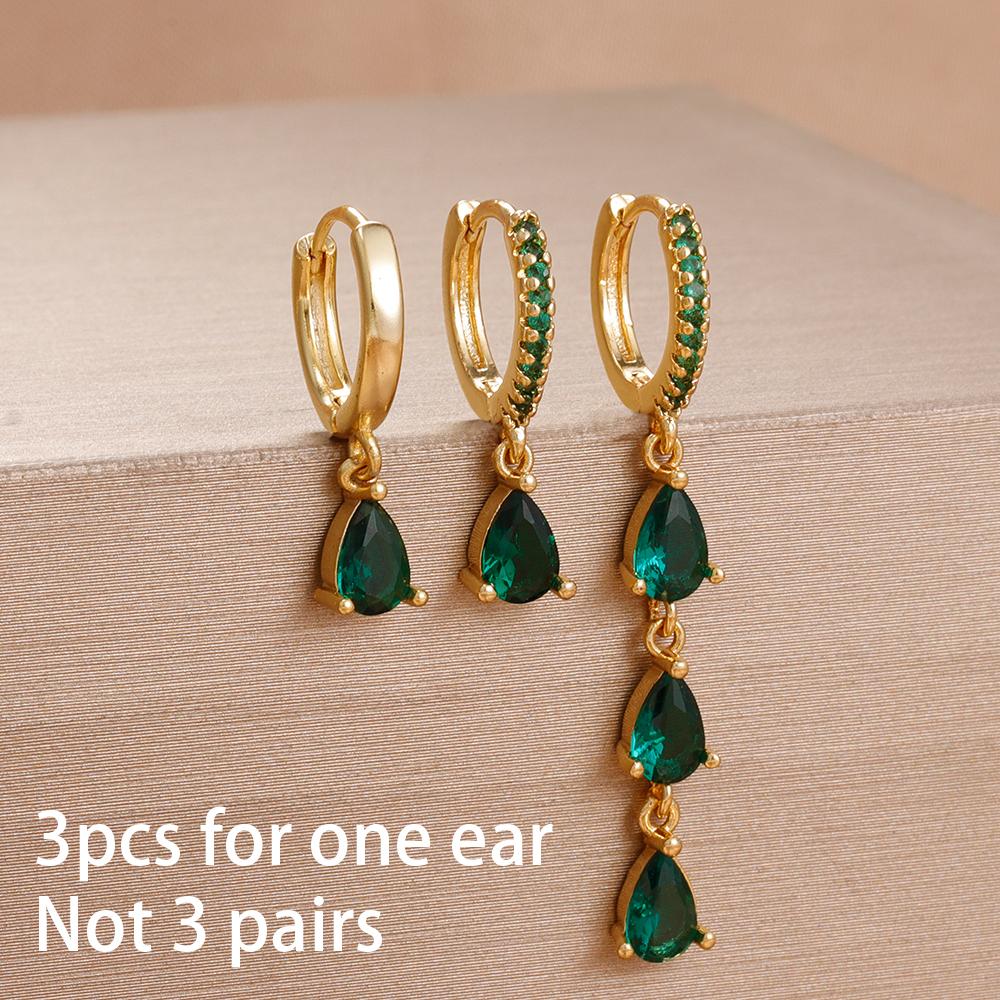 3PCS Exquisite Green CZ Zircon Water Drop Gold Color Earrings Set for Women Dainty Stackable Piercing Earring Luxury Jewelry