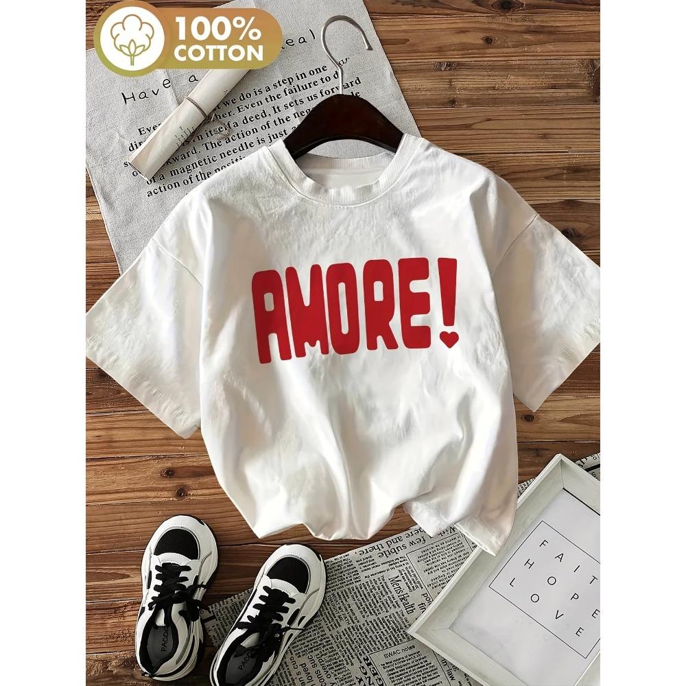 Amor Letter Print Cotton Women's Graphic T-Shirt Soft Crew Neck Short Sleeve Top Harajuku Shirt Floral Design