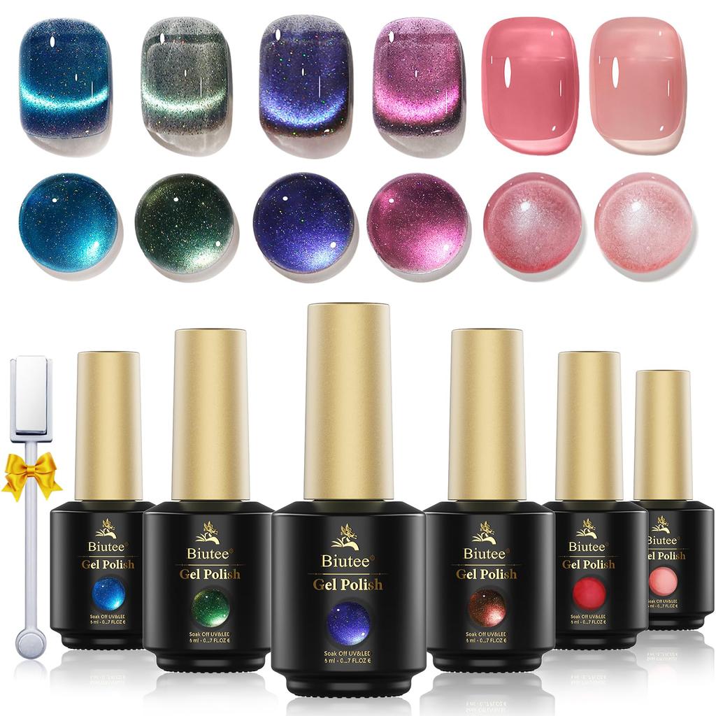 Biutee Gel Nail 6 Colors Magnetic Nail Sparkling Gel Fine Diamond Cat Eye Dazzling Polish, Glitter, 8ml, UV/LED Compatible, Polish, Nails, Glitter,