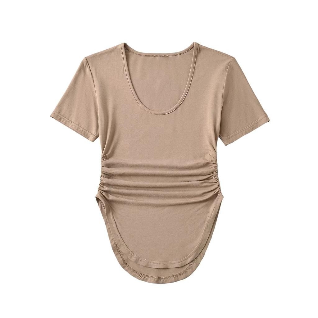 2025 Summer New Versatile Big U Neck Show Chest, Wrinkle And Waist Short Sleeve T-Shirt Skin Friendly Solid Color Curved Bottom Top