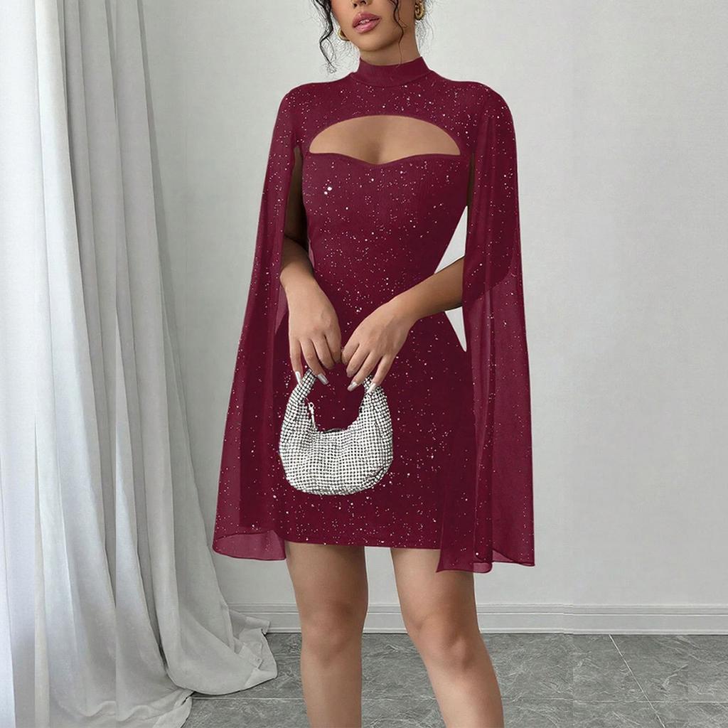 Womens Summer Round Neck Ribbed Pearl Chiffon Cape Bodycon Dress Elegant Slim Fit Mini Dress