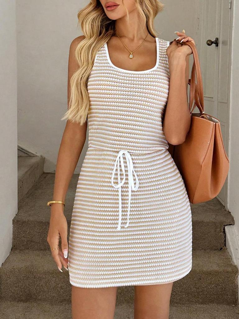 European & American Style Sleeveless Square Neck Striped Drawstring Dress
