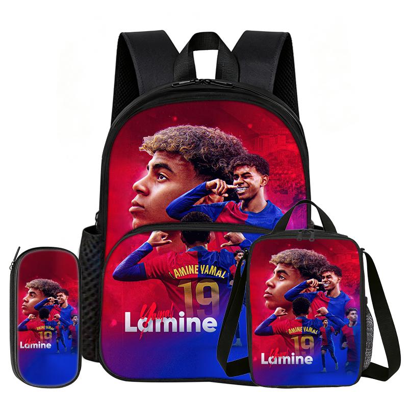 Learn, Travel Football Star School Bag L-Lamin Yamal 3 Pcs Set with Front Pocket Backpack Lunch Bag, Pencil Case, Sport Rucksack