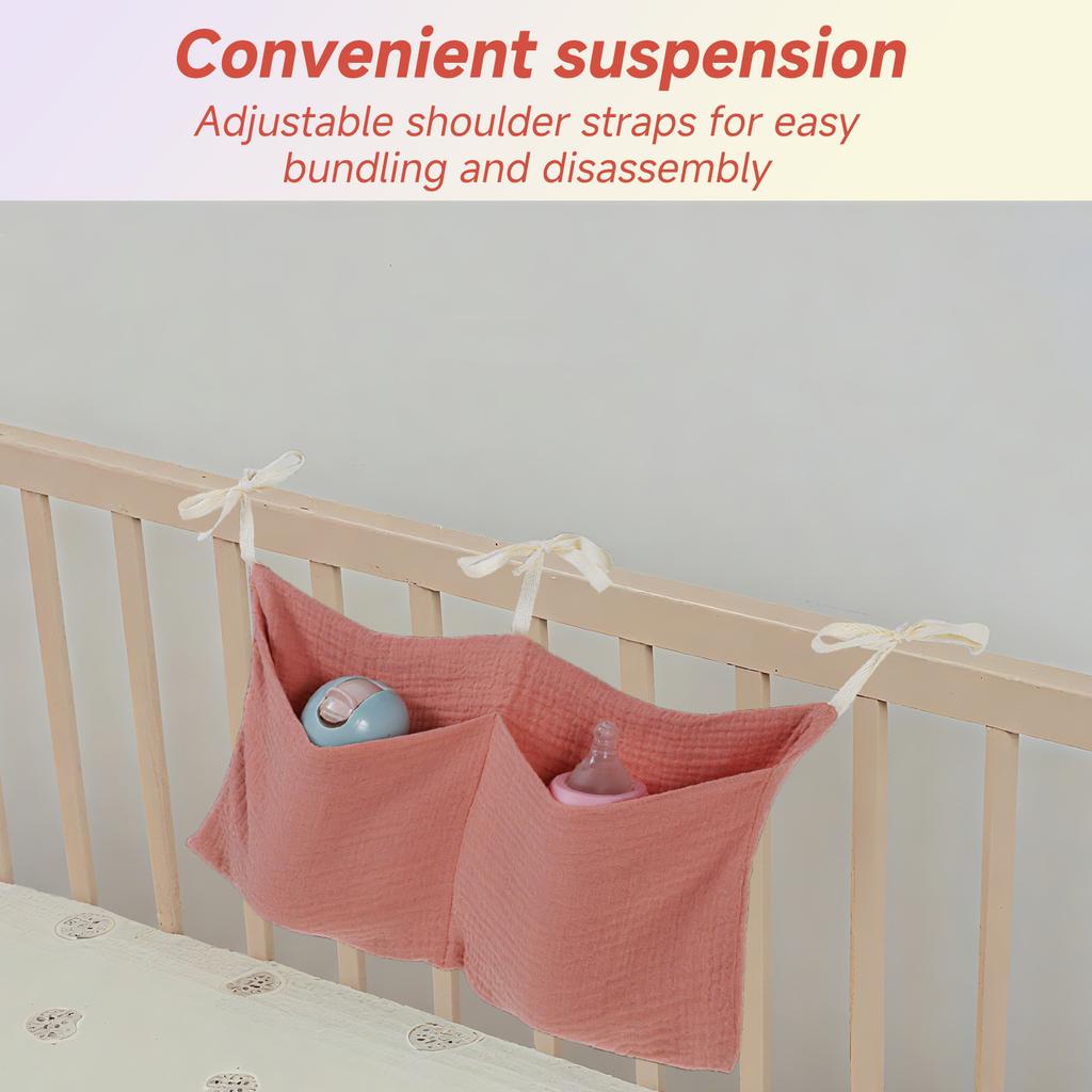 Baby Bedside Hanging Storage Bag Cotton 2 Pocket Baby Crib Organizer Soft Cribs Diaper Storage Bag for Teething Rings Wipes Toy