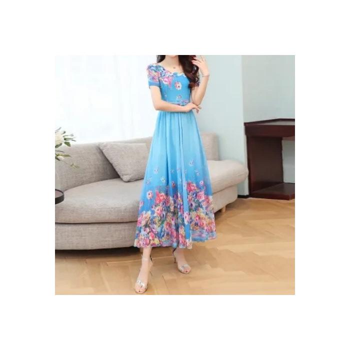 Elegantes Sommerkleid mit U-Ausschnitt, hoher Taille und A-Linie für Frauen mittleren Alters