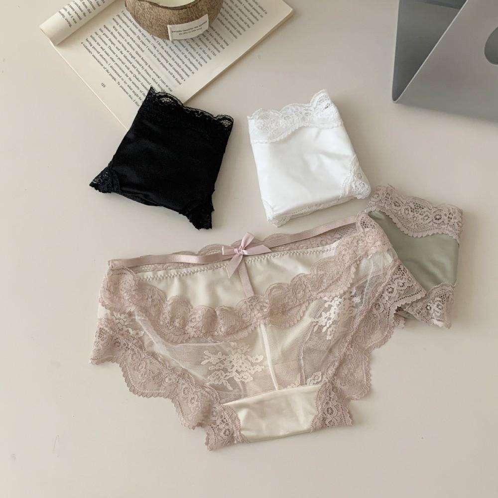 Mesh Transparent Lace Panties Seamless Lace Bow Briefs Thin Underwear for Women  Summer