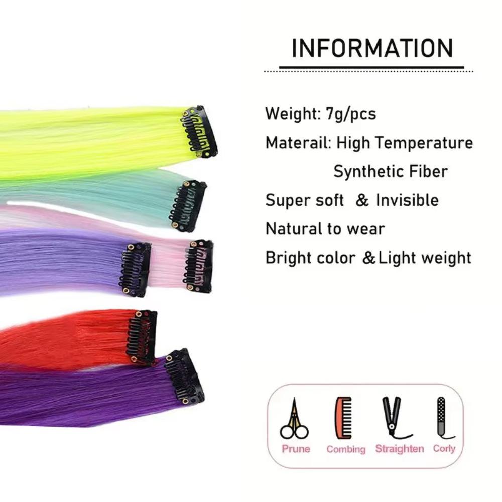 Synthetic Clip in Hair Extensions Rainbow Colorful Wig Hairpieces  for Daily Use Party