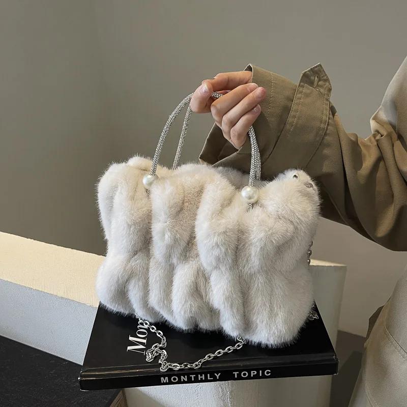 Soft Plush Evening Bags For Elegant Women Fur Dinner Party Clutch Chain Crossbody Winter Warm Luxury Designer Handbags