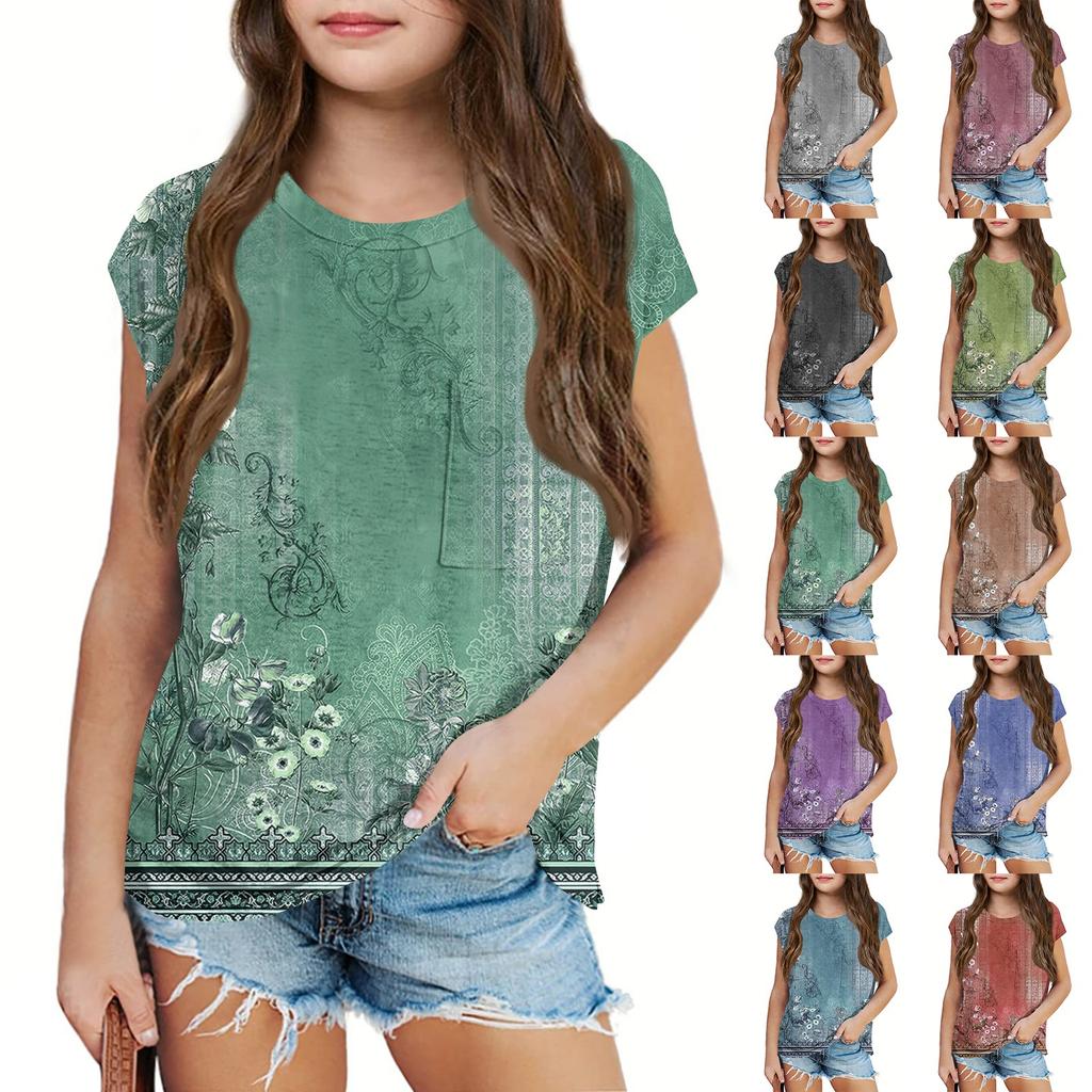 Sommer Rundhals 3D Vintage Floral Bedrucktes Top Modische Lässige Kurzarm Kinder Mädchen T-Shirts