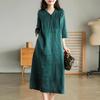Women Summer Casual Dress Vintage V Neck Solid Color Loose Female Cotton Linen Long Dresses