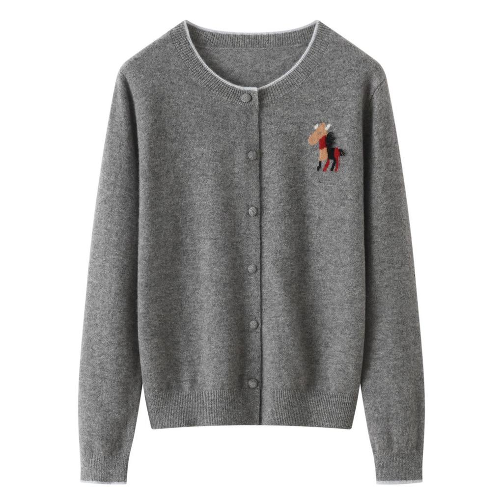 Lekasha Women's 100% Pure Cashmere Round Neck Cardigan with Embroidered Little Horse and Color Block Design