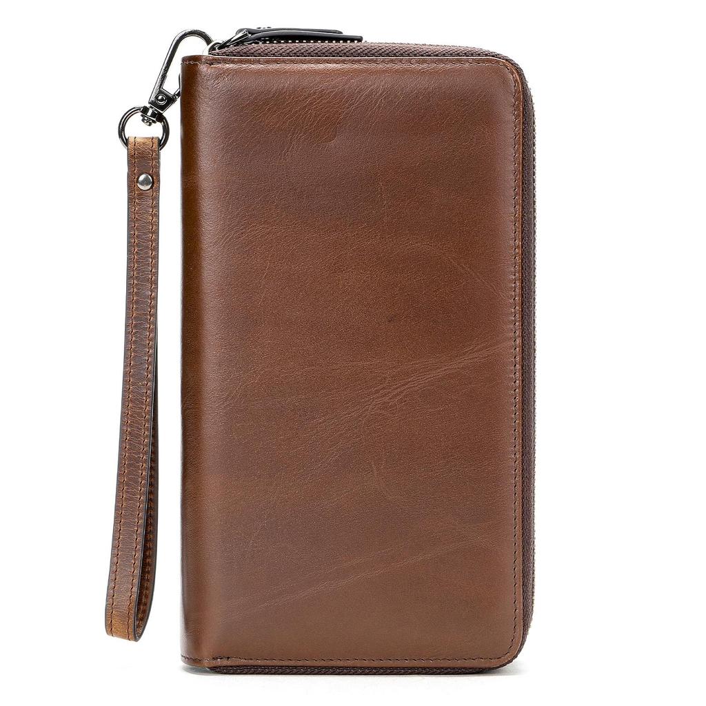 Malunt Men's Genuine Leather Multifunctional Long Wallet Clutch with Zipper