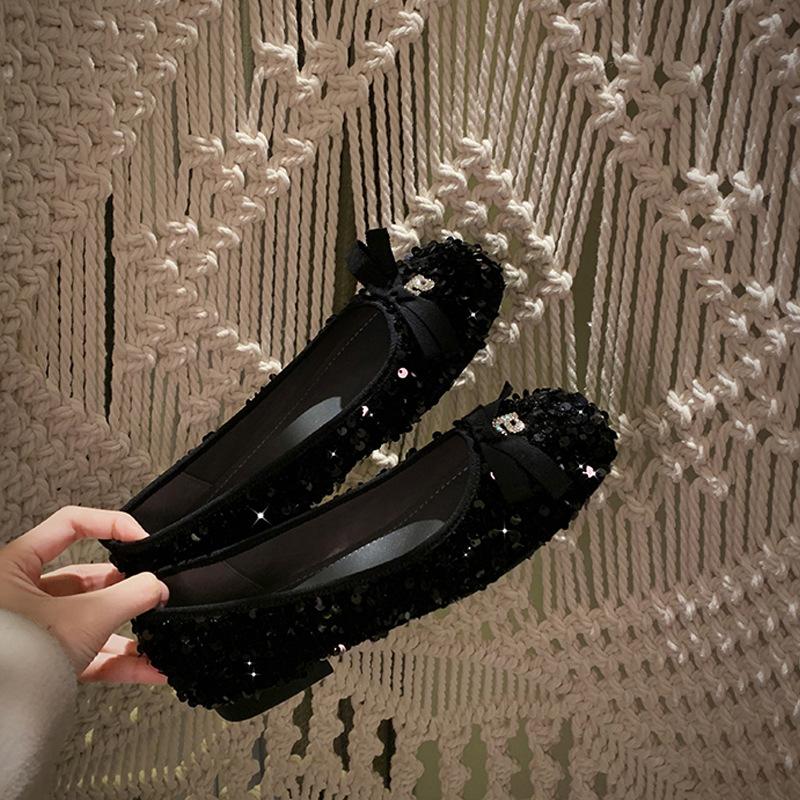 

2025 Мама Виноград Весна Новые Туфли-лодочки с блестящими бусинами и бантом, Темпераментные, на одной педали, Женские 40