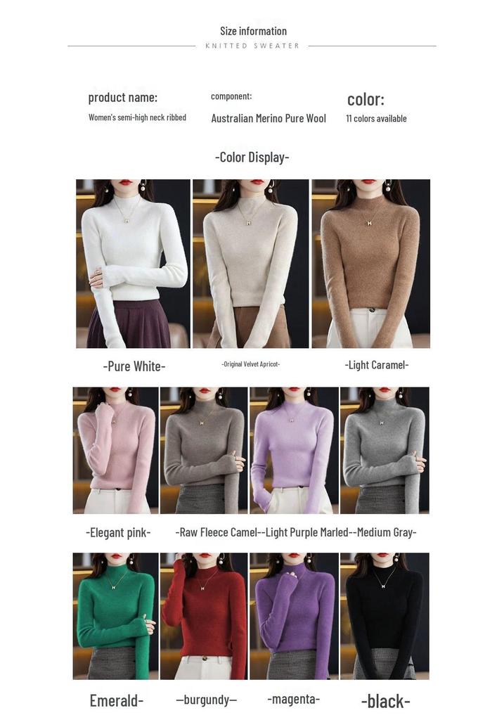 2025 Women's Slim Fit Wool Knit Sweater - Black Half High Neck, Autumn Winter Base Layer