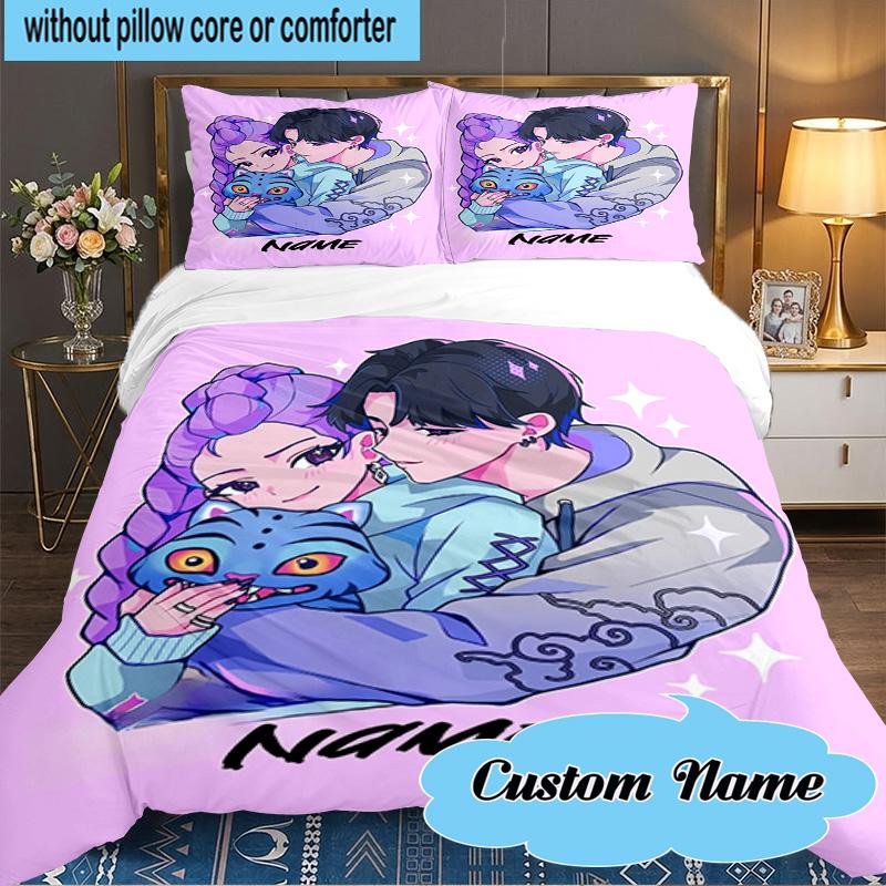 Custom Name 3PCS KPop Cartoon Bedding Set Including 1pc Duvet Cover And 2pcs Pillowcases for Bedroom, Dormitory Gift Home Decor