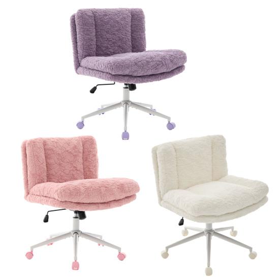 Silla de Manicura 26.4 Pulgadas Asiento Silla de Oficina Pelo de Conejo Artificial Hogar con Base Giratoria de Metal Escritorio Vanity Ajustable (Crema)