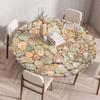 Wooden Patterns Round Table Cover Waterproof Oilproof Stain-Resistant Print Elastic Tablecloth for Kitchen Home Dustproof Decor