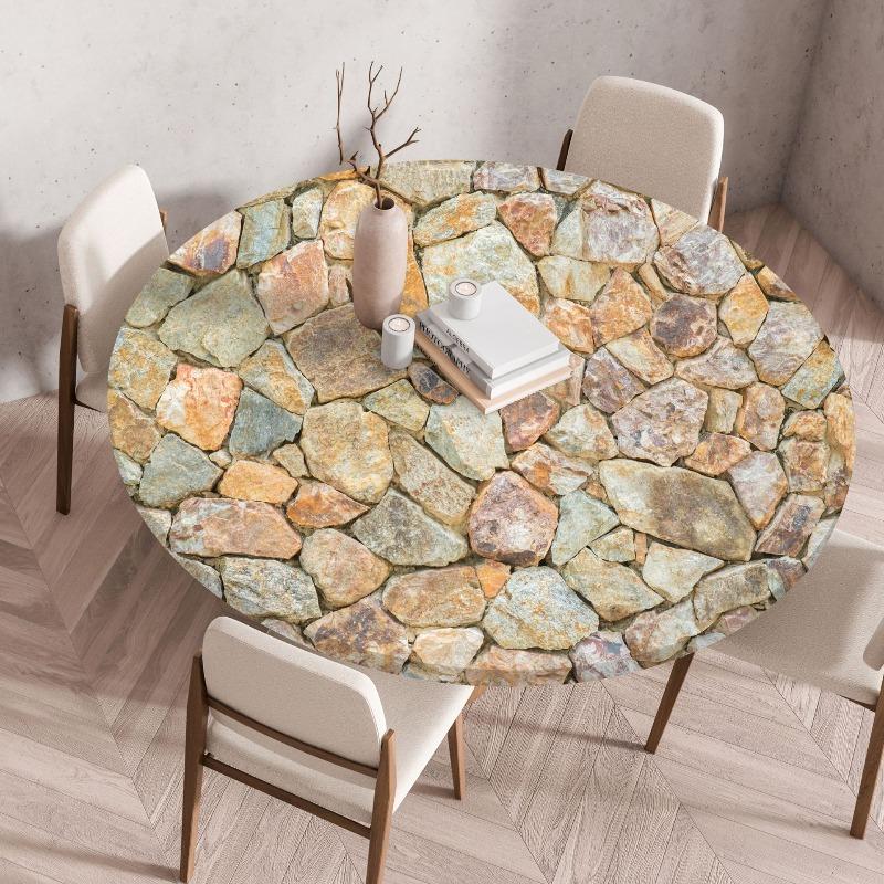 Wooden Patterns Round Table Cover Waterproof Oilproof Stain-Resistant Print Elastic Tablecloth for Kitchen Home Dustproof Decor
