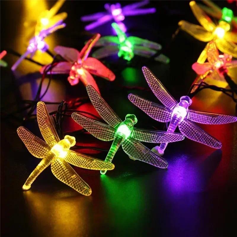 Colorful Dragonfly Solar String Lights Outdoor Waterproof Dragonfly Lights Festival Night Lamp Patio Garden Wedding Decoration