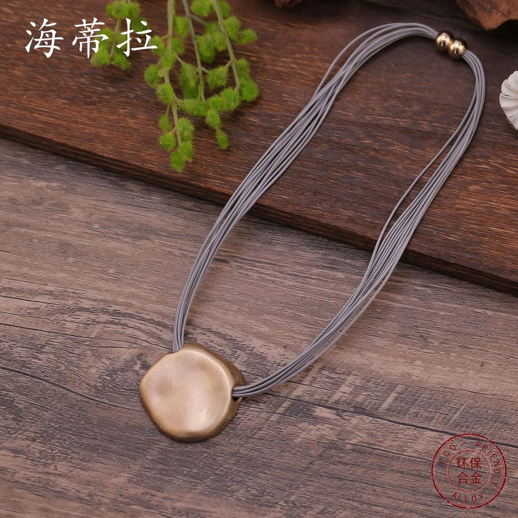 Brushed silver leather rope pendant irregular hand brushed gold-plated women's magnetic buckle necklace