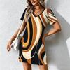 Summer Fashion Women's V Neck Short Sleeve Retro Geometric Pattern Printed  Dress Sex Short Skirt Dresses