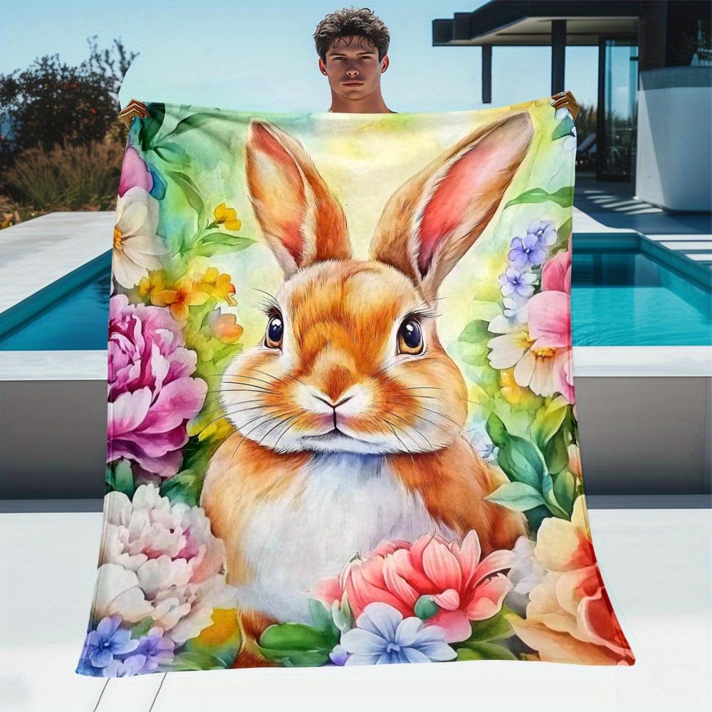 Watercolor Bunny Floral Garden Flannel Blanket Spring Nature Art Soft Throw Pillow Cover Home Decor Cute Animal Print Blanket