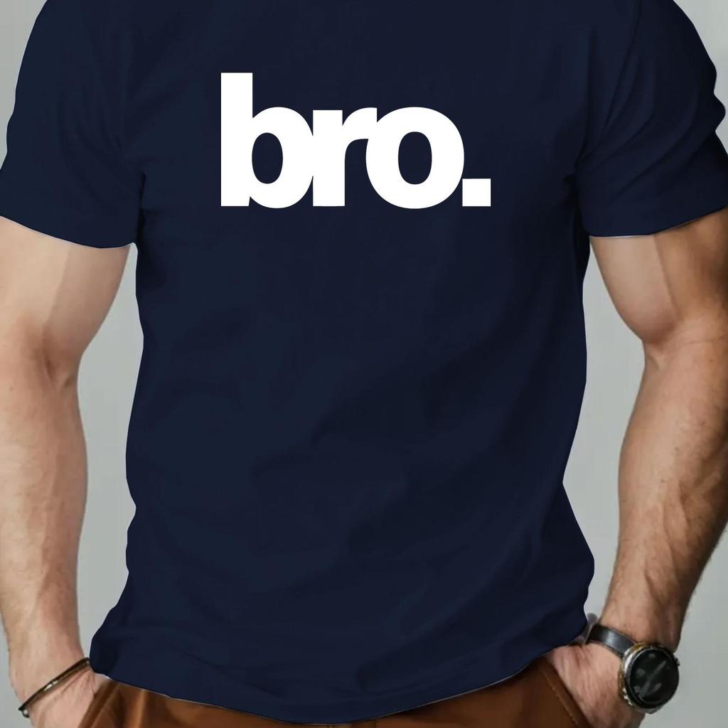 2026 Men Casual Cotton TShirt with Bro Print Crew Neck Short Sleeve Regular Fit Slight Stretch Knit Fabric Men Clothing New