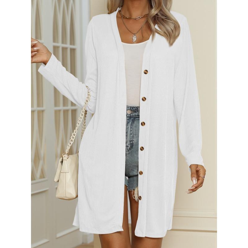 Damen Einfarbige Knopfleiste Langarm Locker Lässig Langer Cardigan